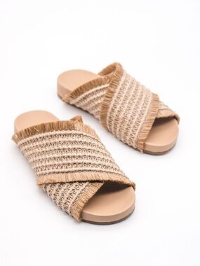 KAANAS Natural Tan Raffia & Leather Kota Crossover Pool Slide Sandals - US 8